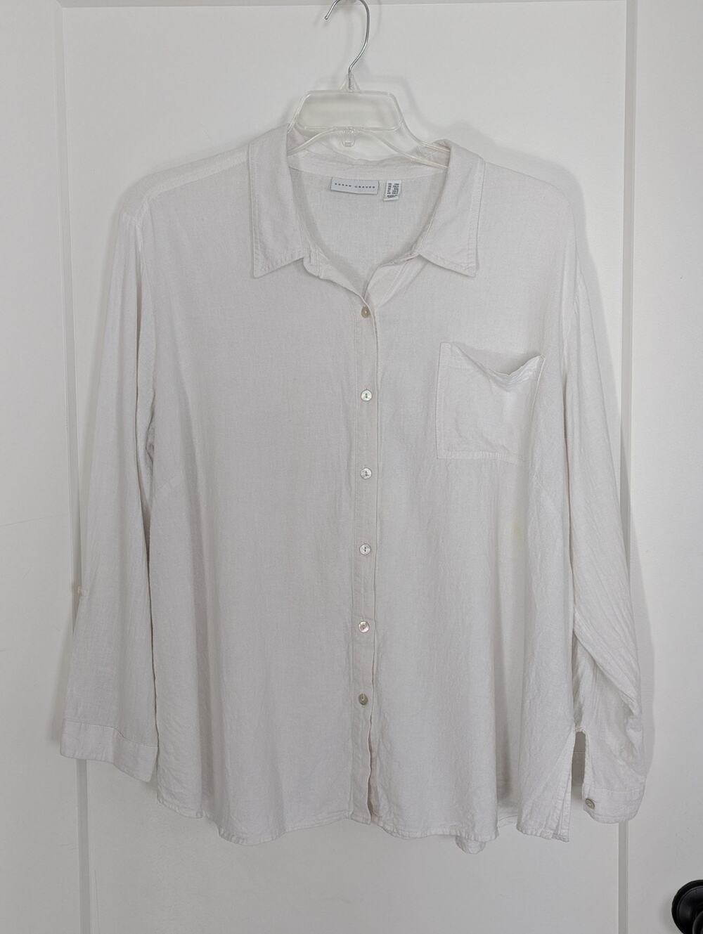 Susan Graver 2XP White Linen Button Tunic Top Roll Tab Beachy Travel Casual